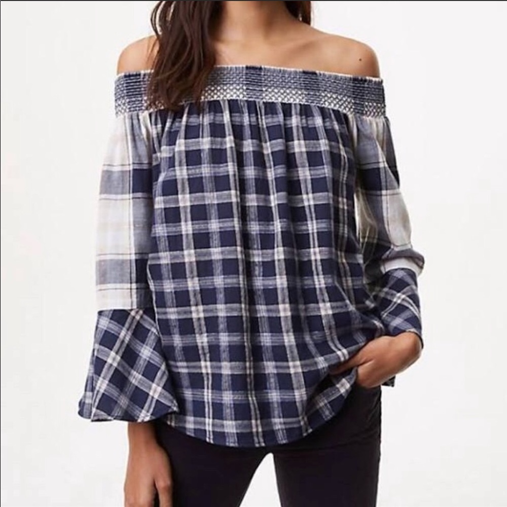 Loft | Off The Shoulder Flannel Bell Sleeve Top